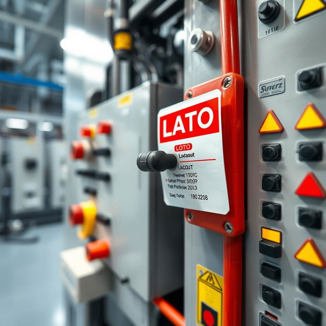 A close-up image of a LOTO (Lockout Tagout) label affixed to a toggle switch on an electrical panel within a high-tech chemical company