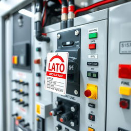 A close-up image of a LOTO (Lockout Tagout) label affixed to a toggle switch on an electrical panel within a high-tech chemical company