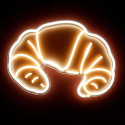 A vibrant neon sign in the shape of a croissant, glowing in a bright white light