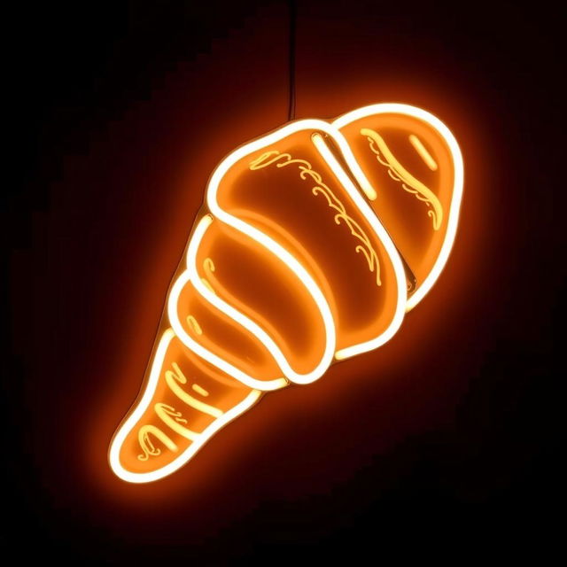 A vibrant neon sign in the shape of a croissant, glowing in a bright white light