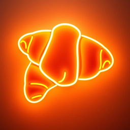 A vibrant neon sign in the shape of a croissant, glowing in a bright white light