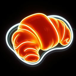 A vibrant neon sign in the shape of a croissant, glowing in a bright white light