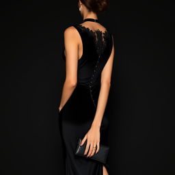 A stunning woman wearing a form-fitting, floor-length dress made of midnight black silk and velvet blend, subtly catching light with a sensual depth