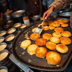 A bustling Pakistani street food stall in Karachi, showcasing the preparation of traditional bun kabab patties