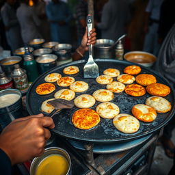 A bustling Pakistani street food stall in Karachi, showcasing the preparation of traditional bun kabab patties
