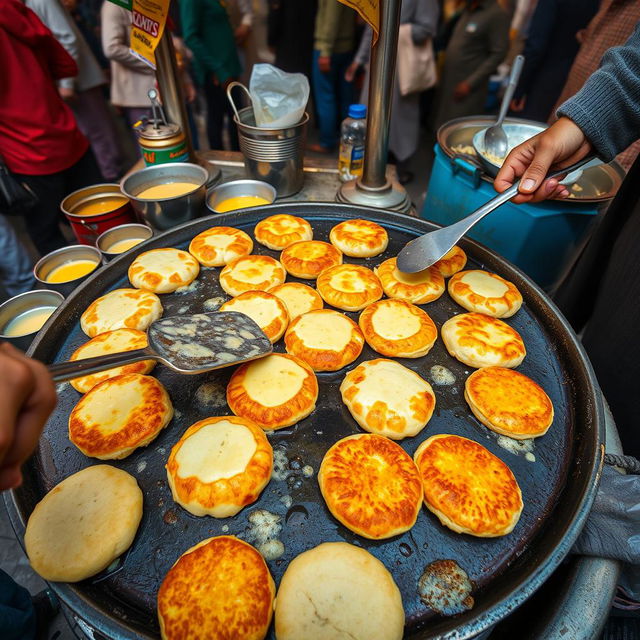 A bustling Pakistani street food stall in Karachi, showcasing the preparation of traditional bun kabab patties