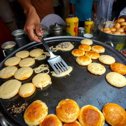 A bustling Pakistani street food stall in Karachi, showcasing the preparation of traditional bun kabab patties