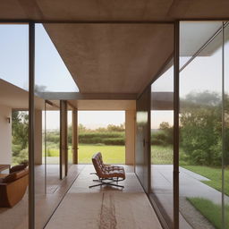 A lengthy, mid-century modern style living room, boasting an inbuilt seater and large glass openings that invite natural light, highlighting the architectural details, and reflecting the simplicity and functionality of the space.