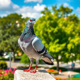 A majestic pigeon standing gracefully on a stone ledge, with its beautiful iridescent feathers shining in the sunlight