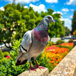 A majestic pigeon standing gracefully on a stone ledge, with its beautiful iridescent feathers shining in the sunlight