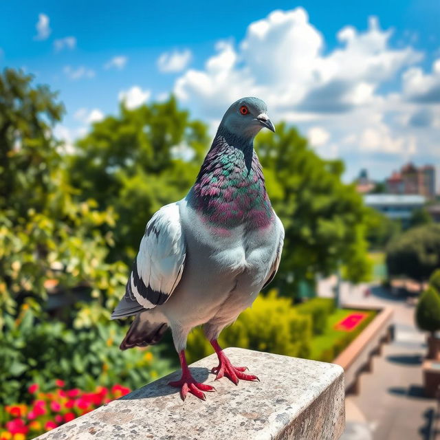 A majestic pigeon standing gracefully on a stone ledge, with its beautiful iridescent feathers shining in the sunlight