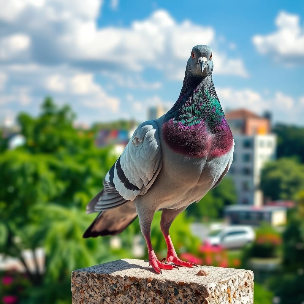 A majestic pigeon standing gracefully on a stone ledge, with its beautiful iridescent feathers shining in the sunlight