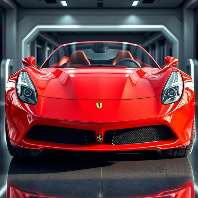 A Ferrari SF1000 in a shiny, bold red finish captured from the front, showcasing its aggressive grille and sleek headlights