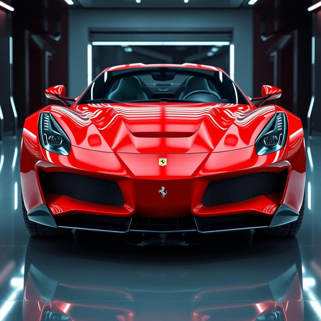 A Ferrari SF1000 in a shiny, bold red finish captured from the front, showcasing its aggressive grille and sleek headlights