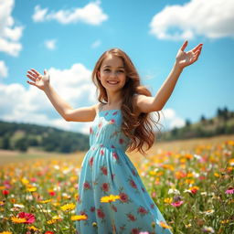 A young woman with wavy brown hair, wearing a light blue sundress adorned with floral patterns, standing in a sunlit meadow filled with colorful wildflowers