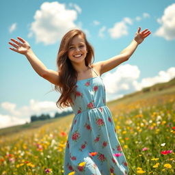 A young woman with wavy brown hair, wearing a light blue sundress adorned with floral patterns, standing in a sunlit meadow filled with colorful wildflowers