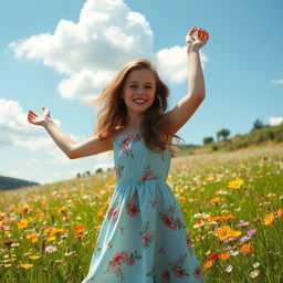 A young woman with wavy brown hair, wearing a light blue sundress adorned with floral patterns, standing in a sunlit meadow filled with colorful wildflowers