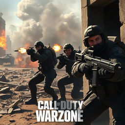 A highly detailed and dynamic action scene from Call of Duty: Warzone, featuring a squad of modern soldiers in tactical gear, engaging in combat amidst urban ruins