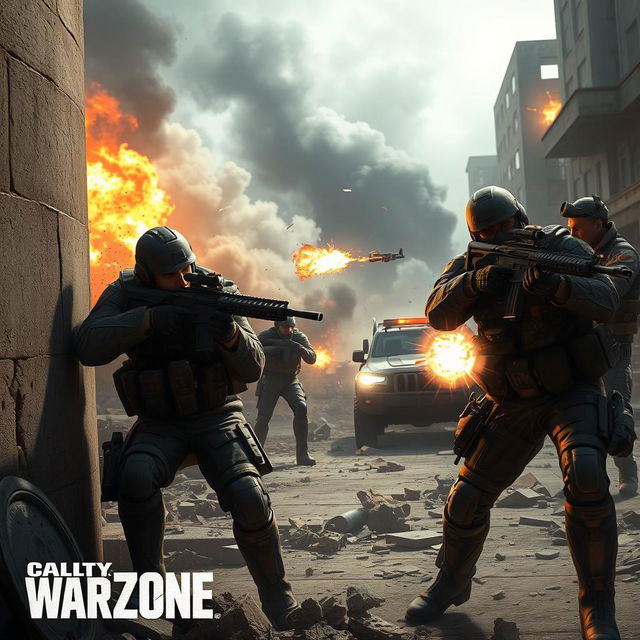 A highly detailed and dynamic action scene from Call of Duty: Warzone, featuring a squad of modern soldiers in tactical gear, engaging in combat amidst urban ruins