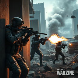A highly detailed and dynamic action scene from Call of Duty: Warzone, featuring a squad of modern soldiers in tactical gear, engaging in combat amidst urban ruins