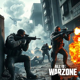A highly detailed and dynamic action scene from Call of Duty: Warzone, featuring a squad of modern soldiers in tactical gear, engaging in combat amidst urban ruins