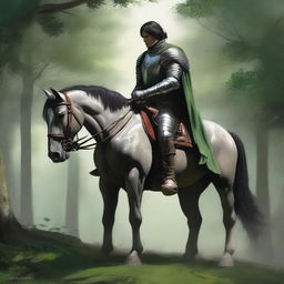 An image of highest quality capturing a dark-haired knight, donned in striped green and white leather armor, seated on a horse