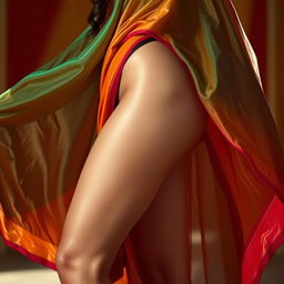 A sensuous scene featuring an Indian woman with wide, voluptuous thighs, elegantly draped in a colorful saree