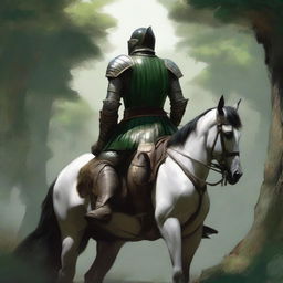 An image of highest quality capturing a dark-haired knight, donned in striped green and white leather armor, seated on a horse