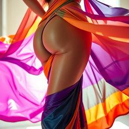 A sensuous scene featuring an Indian woman with wide, voluptuous thighs, elegantly draped in a colorful saree