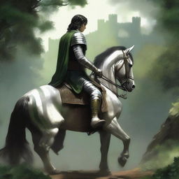 An image of highest quality capturing a dark-haired knight, donned in striped green and white leather armor, seated on a horse