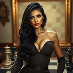 A stunning portrayal of a beautiful woman resembling a fashionable chess player, known for her strategic intellect and captivating presence
