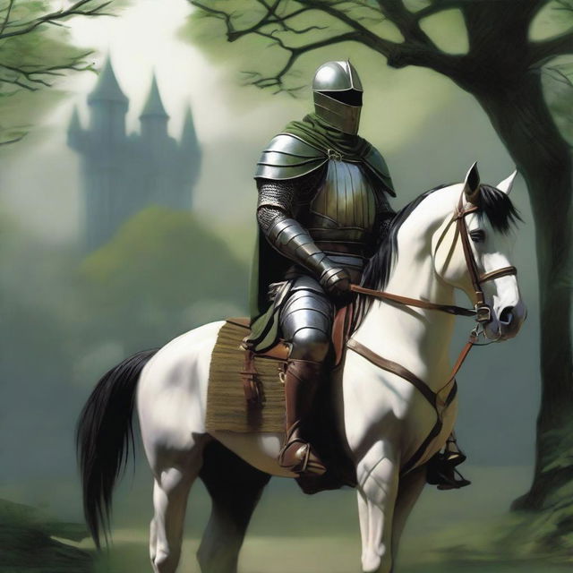 An image of highest quality capturing a dark-haired knight, donned in striped green and white leather armor, seated on a horse