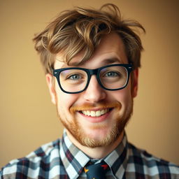 A close-up portrait of a nerdy man with thick black glasses, unruly hair, and a friendly smile