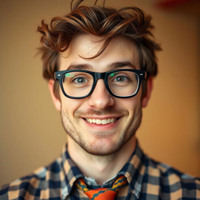 A close-up portrait of a nerdy man with thick black glasses, unruly hair, and a friendly smile