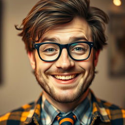 A close-up portrait of a nerdy man with thick black glasses, unruly hair, and a friendly smile