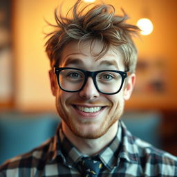 A close-up portrait of a nerdy man with thick black glasses, unruly hair, and a friendly smile