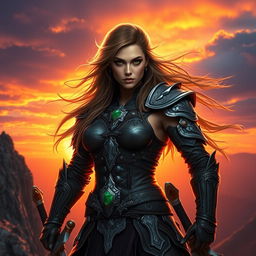 A stunning portrait of a fierce female warrior, standing on a rocky cliff amidst a dramatic sunset