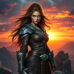 A stunning portrait of a fierce female warrior, standing on a rocky cliff amidst a dramatic sunset