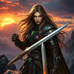 A stunning portrait of a fierce female warrior, standing on a rocky cliff amidst a dramatic sunset