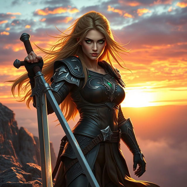 A stunning portrait of a fierce female warrior, standing on a rocky cliff amidst a dramatic sunset