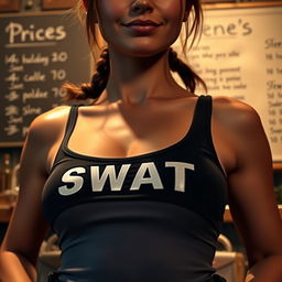 An extreme close-up torso shot of a gorgeous brunette officer with the bottom of her ponytail visible