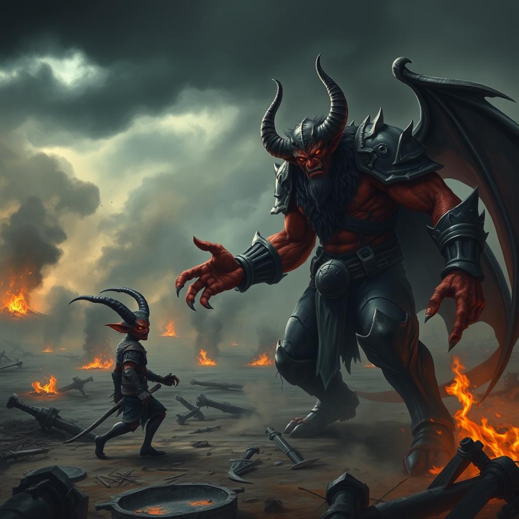 A powerful demon named Shumbh, with red skin and fierce glowing eyes, stands on a desolate battlefield filled with smoke and fire