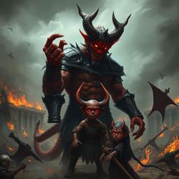 A powerful demon named Shumbh, with red skin and fierce glowing eyes, stands on a desolate battlefield filled with smoke and fire