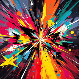 An abstract representation of chaos and intensity, with vibrant colors swirling together, sharp geometric shapes cutting through the composition, and bursts of light radiating outwards