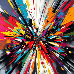 An abstract representation of chaos and intensity, with vibrant colors swirling together, sharp geometric shapes cutting through the composition, and bursts of light radiating outwards