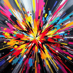 An abstract representation of chaos and intensity, with vibrant colors swirling together, sharp geometric shapes cutting through the composition, and bursts of light radiating outwards
