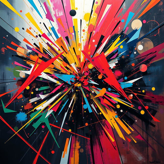 An abstract representation of chaos and intensity, with vibrant colors swirling together, sharp geometric shapes cutting through the composition, and bursts of light radiating outwards