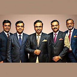A formal portrait of Indian men in official attire, showcasing a diverse group wearing tailored suits and traditional attire like kurta and sherwani