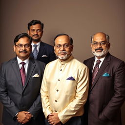 A formal portrait of Indian men in official attire, showcasing a diverse group wearing tailored suits and traditional attire like kurta and sherwani