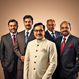 A formal portrait of Indian men in official attire, showcasing a diverse group wearing tailored suits and traditional attire like kurta and sherwani